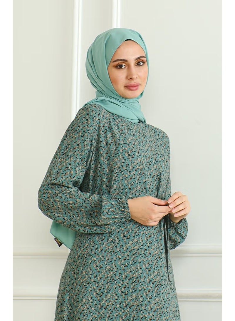 Sefa Merve Women's Patterned Belted Viscose Dress - Almond Green - Image 3